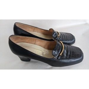 Vintage Women Leather Shoe Sz 8.5 Croc Emboss Y2K Chunky Block Heel Loafer Black